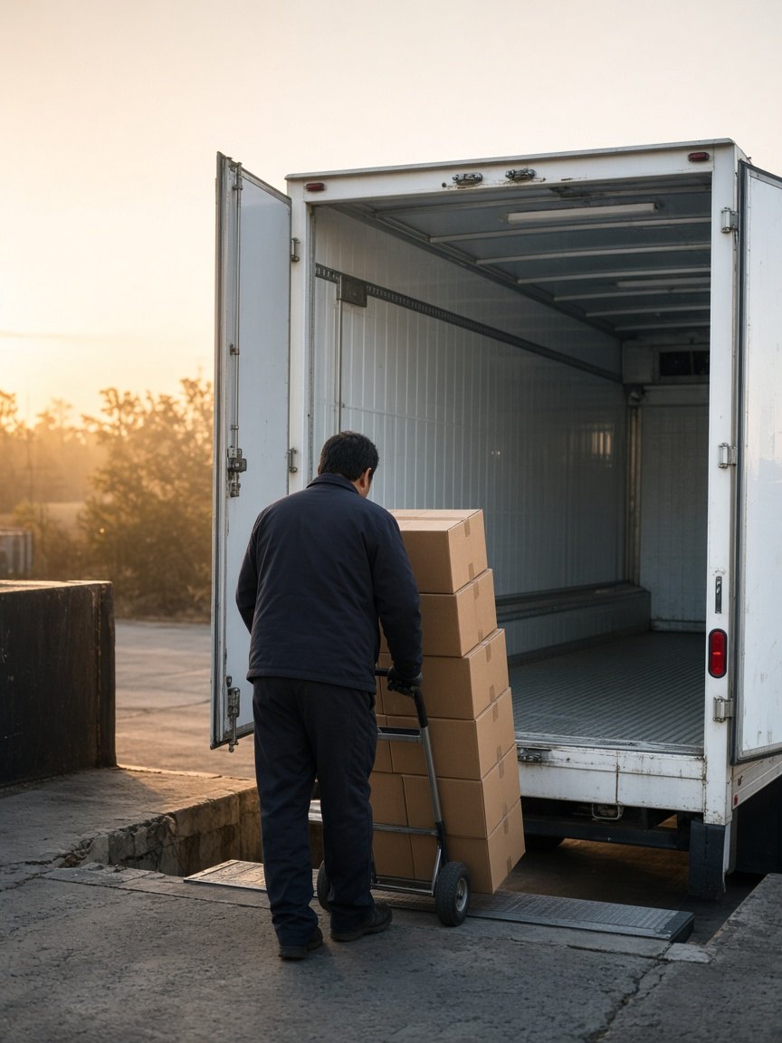 Boxed protein loaded onto a refrigerated delivery truck