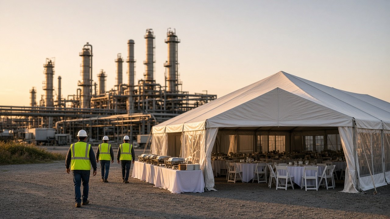 Catering tent and serving station set up beside a Gulf Coast industrial plant