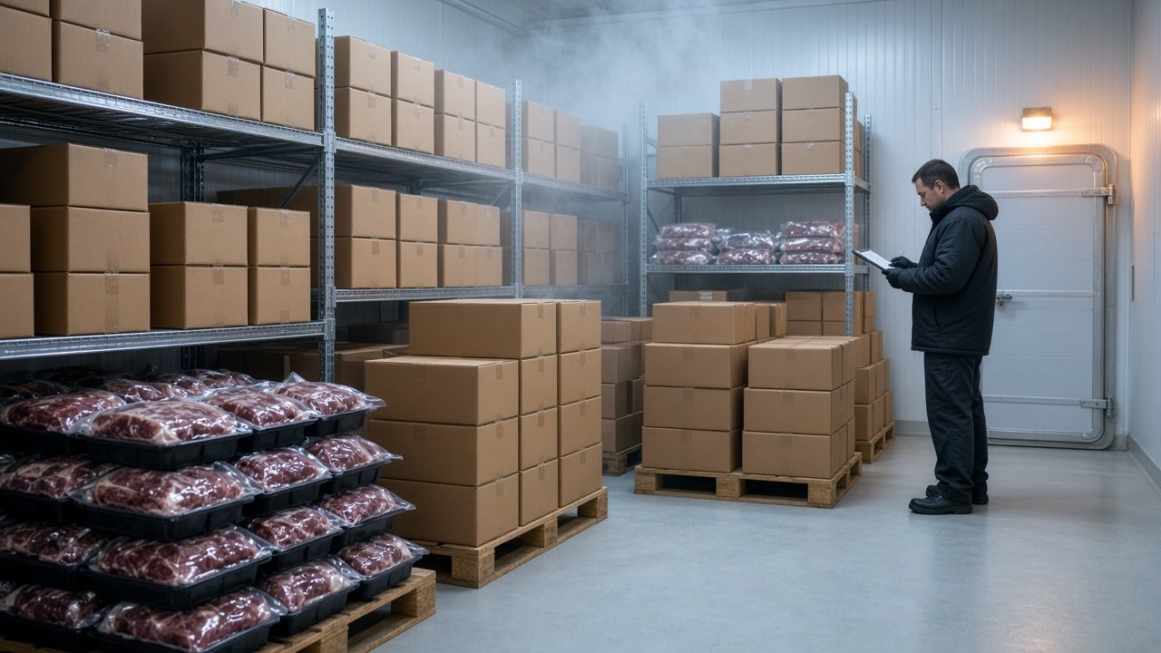 Cold storage room stacked with cases and vacuum-packed beef ready to ship
