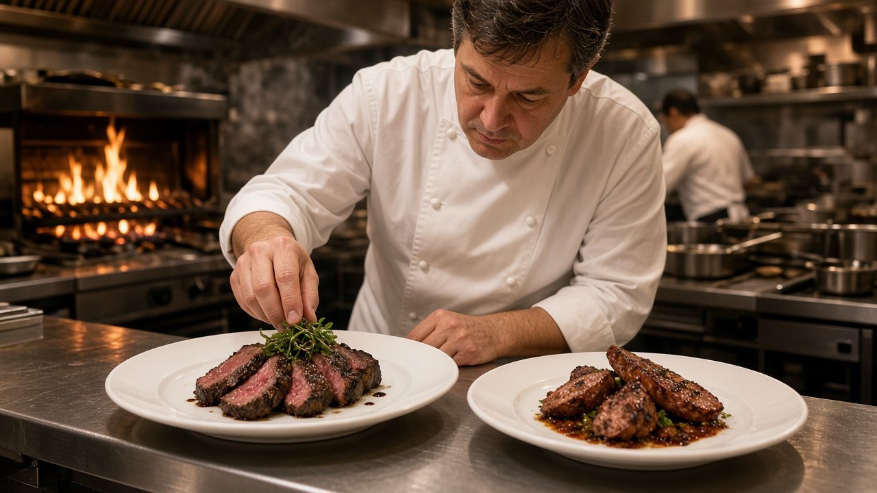 Chef plating seared steak and smoked sausage in a restaurant kitchen